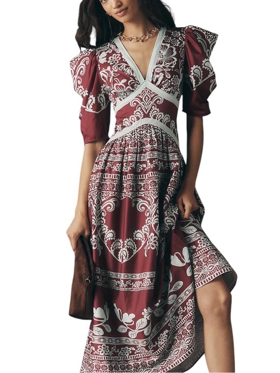 FARM Rio Dresses & Skirts - FARM RIO NWT Printed V Neck Puff Sleeve Maxi Dress Size Small in Purple Plum